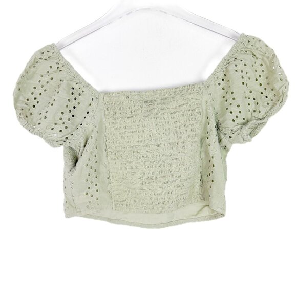 Hollister Puff Sleeve Smocked Eyelet Crop Top Sage Green Size Small S EUC - Picture 7 of 9